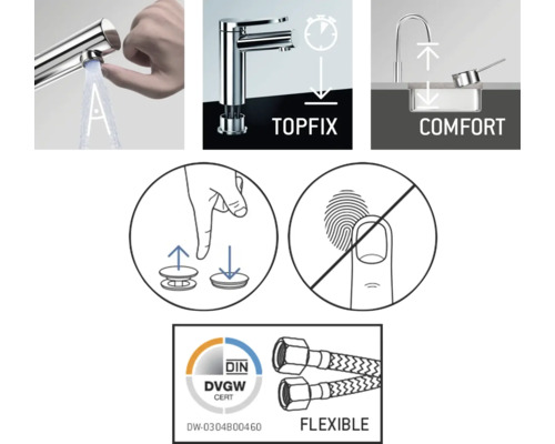 Informace o produktu vodovodní baterie: ovládání, snadná montáž, komfort, pokyny pro údržbu, certifikát DVGWCert, flexibilní hadice