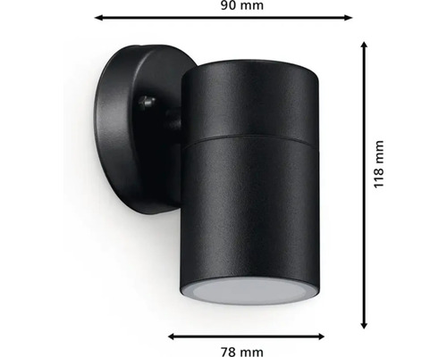 Černé venkovní nástěnné svítidlo o rozměrech 90 mm x 118 mm x 78 mm