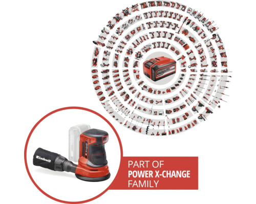 Excentrická bruska Einhell a akumulátor Power X-Change s dalším nářadím z rodiny Power X-Change