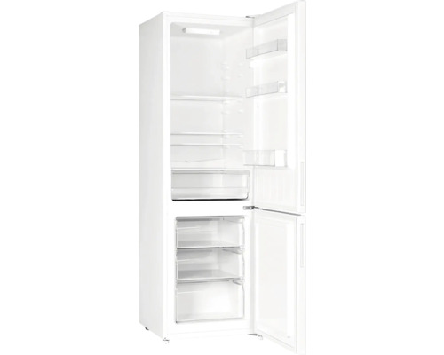 Otevřená chladnička s několika policemi a přihrádkami