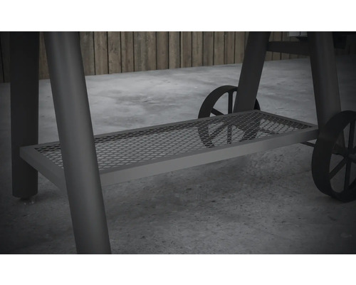 Detailní pohled na grilovací vozík s úložným prostorem.