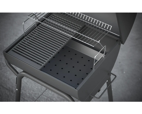 Otevřený gril na dřevěné uhlí s grilovacím roštem a roštem na ohřívání