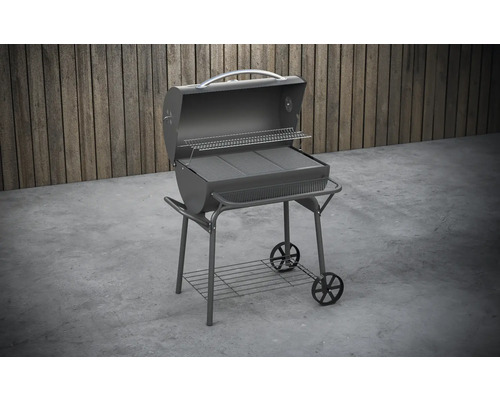 Gril na dřevěné uhlí s kolečky a úložným prostorem