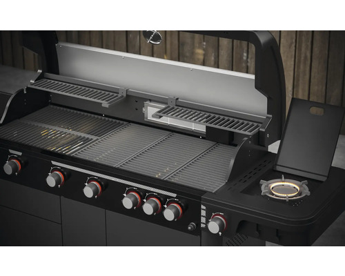 Plynový gril s grilovacími rošty, ohřívacím roštem, bočním hořákem a ovládacími knoflíky