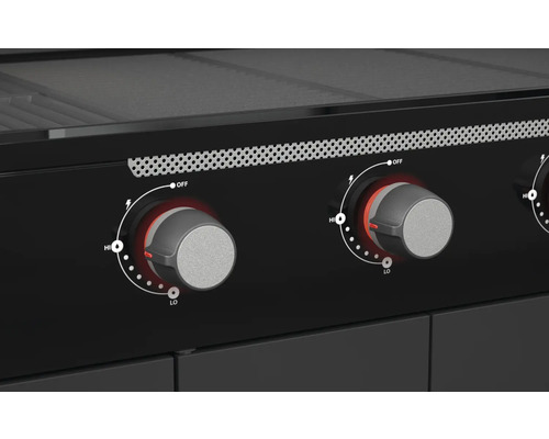 Detail plynového grilu s otočnými knoflíky pro regulaci teploty