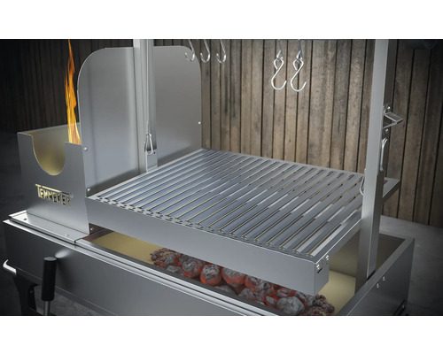 Gril Temmker s grilovacím roštem, dřevěným uhlím a ohněm