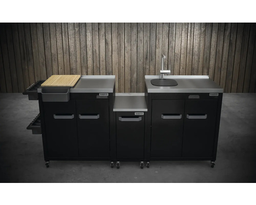 Grilovací kuchyně s umyvadlem, úložným prostorem a prkénkem na krájení