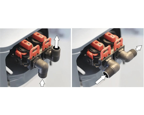 Obrázek systému na změkčování vody s přípojkami a ventily.
