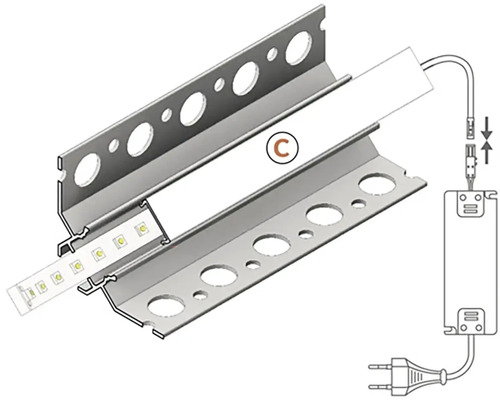 LED profil s LED páskem, transformátorem a připojením