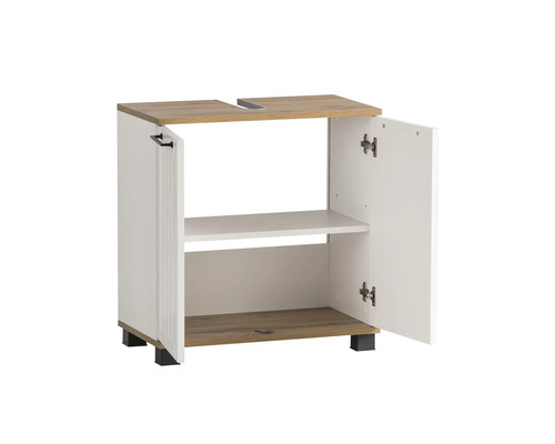 Skříňka pod umyvadlo s otevřenými dvířky a vnitřní policí