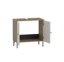 Skříňka pod umyvadlo se dvěma otevřenými dvířky a stříbrnými nožičkami