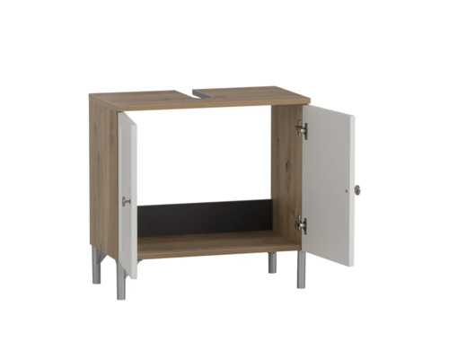 Skříňka pod umyvadlo se dvěma otevřenými dvířky a stříbrnými nožičkami