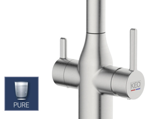 Vodovodní kohoutek s pákami a logem Keo