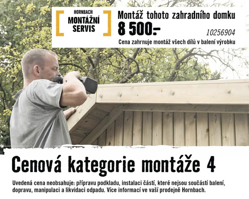 Montážní servis Hornbach pro zahradní domek. Cena zahrnuje montáž všech dílů v balení výrobku.