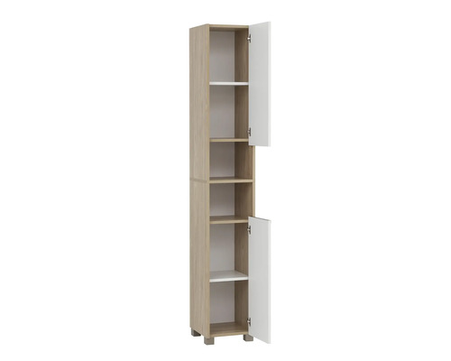 Vysoká skříň s několika policemi a dvěma otevřenými dveřmi