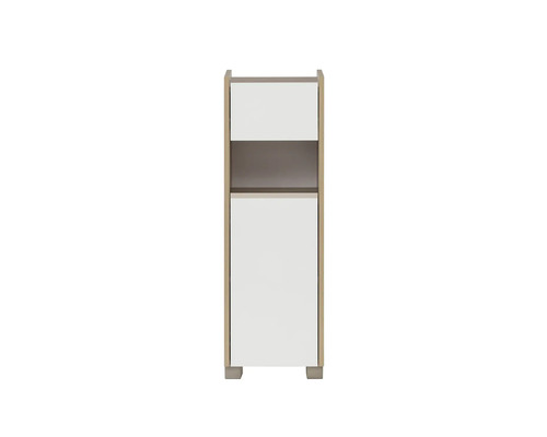 Vysoká skříňka s jedněmi dvířky a otevřenou přihrádkou do koupelny