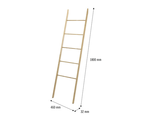 Dřevěný žebřík se šesti příčkami o rozměrech 1800 mm výška, 460 mm šířka a 32 mm hloubka.