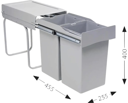 Výsuvný odpadkový koš se dvěma nádobami a rozměry.