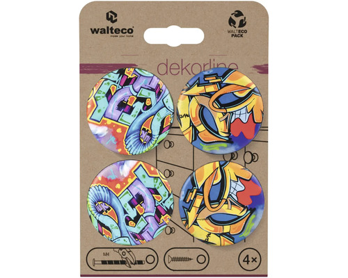 Čtyři nábytkové knoflíky s graffiti motivem na obalu.