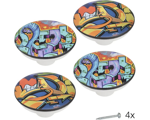 Čtyři nábytkové knoflíky s graffiti designem a šroubem