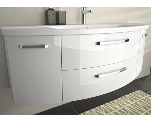 Bílá skříňka pod umyvadlo se zásuvkami a dvířky do koupelny