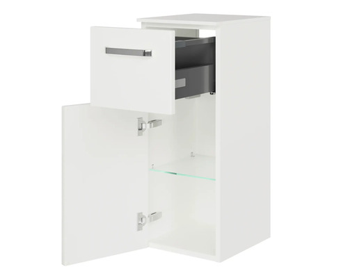 Otevřená bílá závěsná skříňka se zásuvkou a skleněnou policí