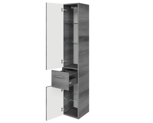 Vysoká skříňka do koupelny s policemi, zásuvkou a dvířky