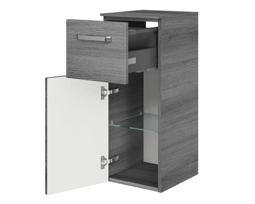 Závěsná skříňka se zásuvkou, otevřenými dvířky a skleněnými policemi