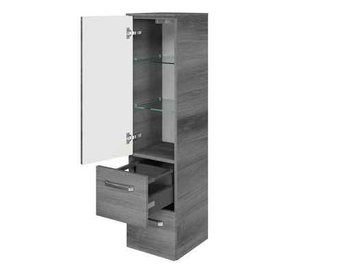 Vysoká skříňka s dvířky, zásuvkou a skleněnými policemi