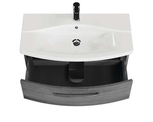 Umyvadlová skříňka s otevřenou zásuvkou, keramickým umyvadlem a vodovodní baterií