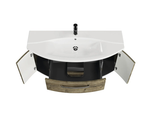 Umyvadlo se skříňkou s otevřenou spodní skříňkou, zásuvkou a dvěma dvířky