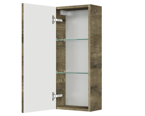 Otevřená zrcadlová skříňka s dřevěným efektem a skleněnými policemi do koupelny