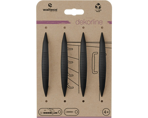 Čtyři černé nábytkové úchytky na kartě obalu.