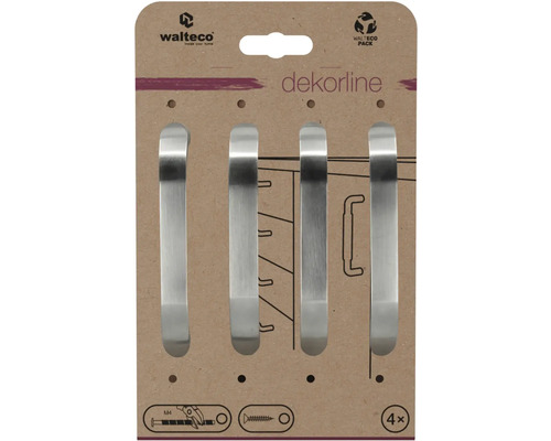 Čtyři stříbrné skříňkové úchytky značky Walteco na obalu.