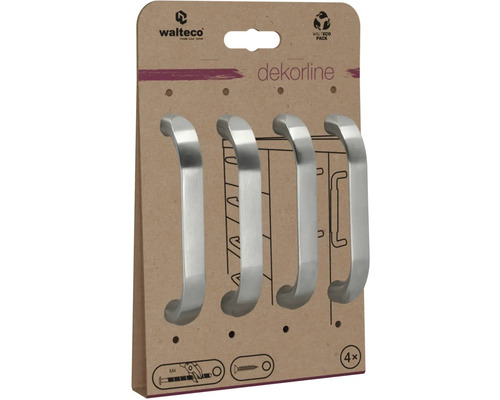 Čtyři stříbrné nábytkové úchytky na obalu.