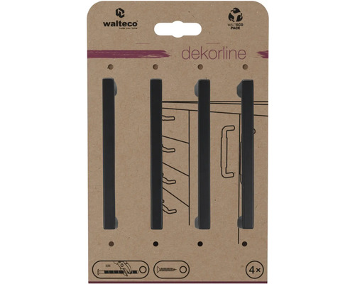 Čtyři černé obdélníkové nábytkové úchytky značky Walteco na kartonovém obalu.