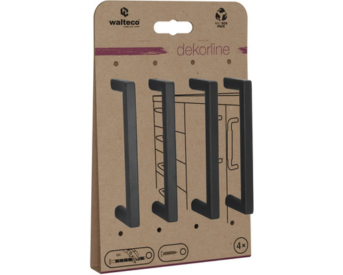 Čtyři černé skříňkové úchyty značky walteco na obalu.