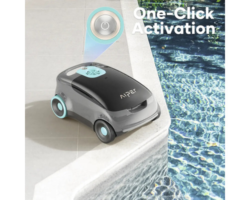 Logo Aiper na čisticím robotu s aktivací jedním kliknutím vedle bazénu