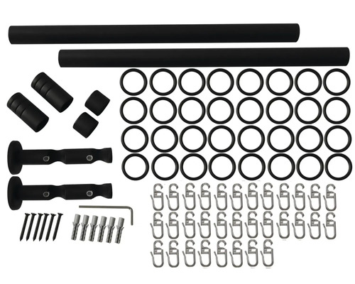 Sada záclonové tyče s tyčí, držáky, kroužky, háčky a upevňovacím materiálem