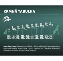 Tabulka krmení pro psy s doporučením hmotnosti v kilogramech a množství krmiva v gramech