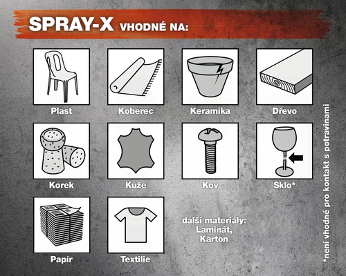 Spray X vhodný na plasty, koberce, keramiku, dřevo, korek, kůži, kov, sklo (není vhodné pro kontakt s potravinami), papír, textilie, laminát a karton