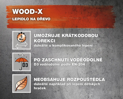 Wood-X lepidlo na dřevo vlastnosti: Umožňuje krátkodobé korekce, po zaschnutí voděodolné podle EN 204, neobsahuje rozpouštědla.