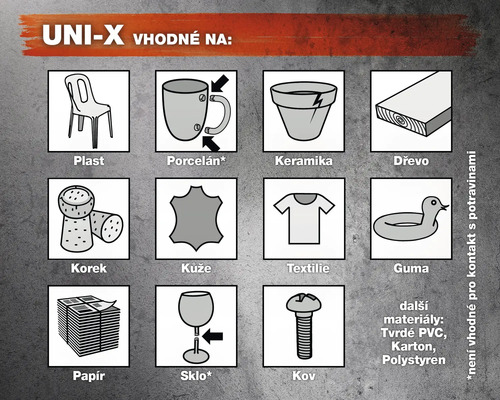 UNI-X Vhodné pro: plast, porcelán, keramika, dřevo, korek, kůže, textil, guma, papír, sklo, kov, tvrdé PVC, karton, polystyren