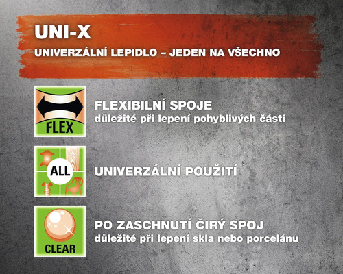 Vlastnosti produktu univerzálního lepidla UNI-X: Flexibilní spoje, univerzální použití a čirý spoj po zaschnutí