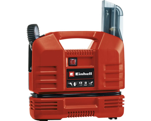 Logo Einhell. Červený kompresor Einhell s manometrem a rukojetí