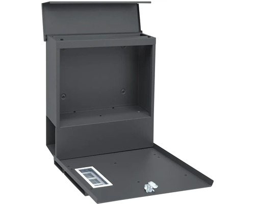 Otevřená, šedá kovová schránka na balíky