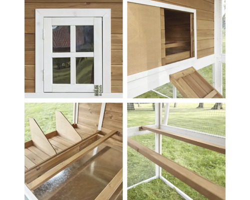 Detailní pohledy na kurník s oknem, hnízdištěm a bidýlky