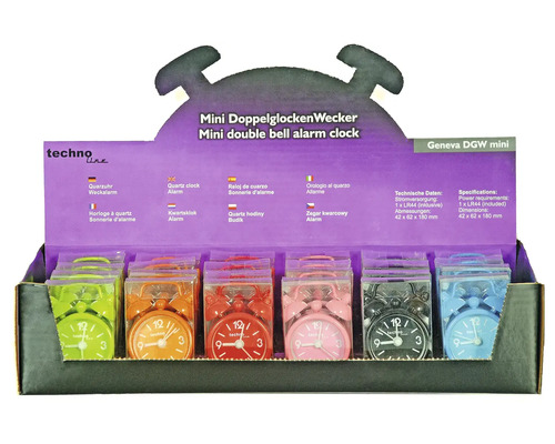 Vícebarevné mini budíky se dvěma zvonky na prodejním displeji