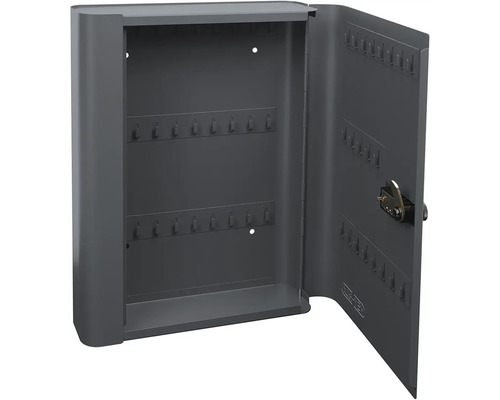 Otevřená ocelová skříňka na klíče s háčky pro uložení klíčů