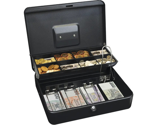 Otevřená pokladní kazeta plná bankovek a mincí